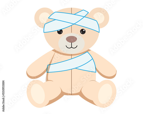 Cute Cartoon Teddy Bear Recovering with Head and Body Bandages