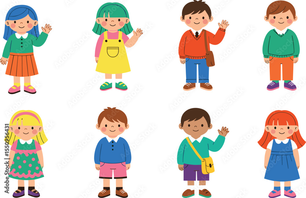 Adorable Cartoon Kids with Diverse Outfits and Friendly Expressions, Perfect for Children's Illustrations and Fun Designs flat vector illustration Adorable Cartoon Kids with Diverse Outfits and Friendly Expressions, Perfect for Children's Illustrations and Fun Designs flat vector illustration