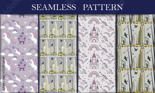 Enchanting Seamless Unicorn, Castle, and Rainbow Patterns