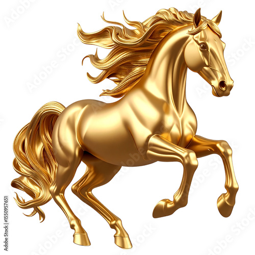 Abstract Golden Horse Silhouette in Mid Air Leap Stylized 3D Render Transparent Background PNG
