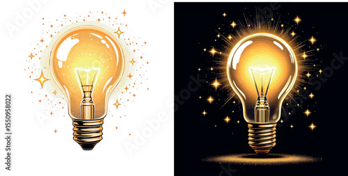 Vsai bright light bulb shining with stars on white and black backgrounds