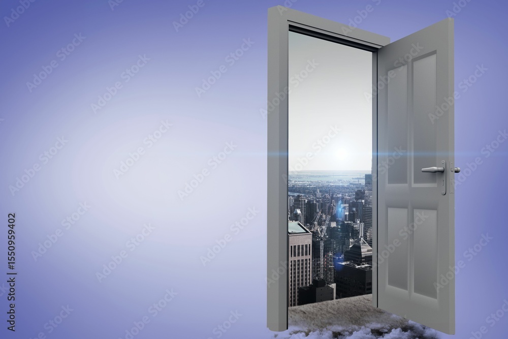 Naklejka premium Digital image of open door with cityscape