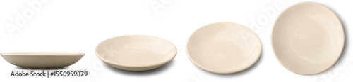 set of beige color ceramic or porcelain shallow plates or bowls isolated white background, mock-up template of dishware in different angles