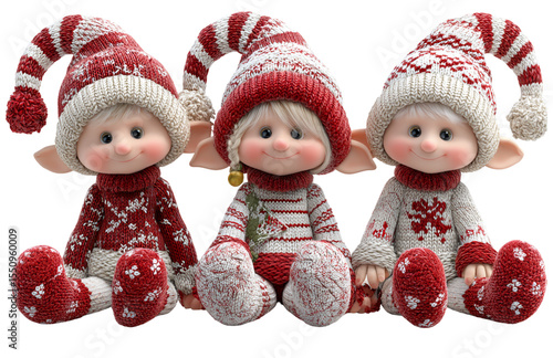 Three elves, Christmas elves on the shelf, white background, knitted toy style, 3D rendering, cute, red and white color palette, sitting pose, PNG transparent background png