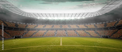 Football stadium is featuring green pitch with center line, seating, lit floodlights in flat design