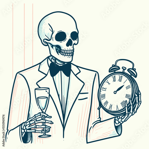 Skeleton in a tuxedo holding clock New Year celebration party. Ghost Spooky Scary Halloween Cartoon Clipart Line Art Vector Illustration. gent wearing formal wear awaiting time countdown.