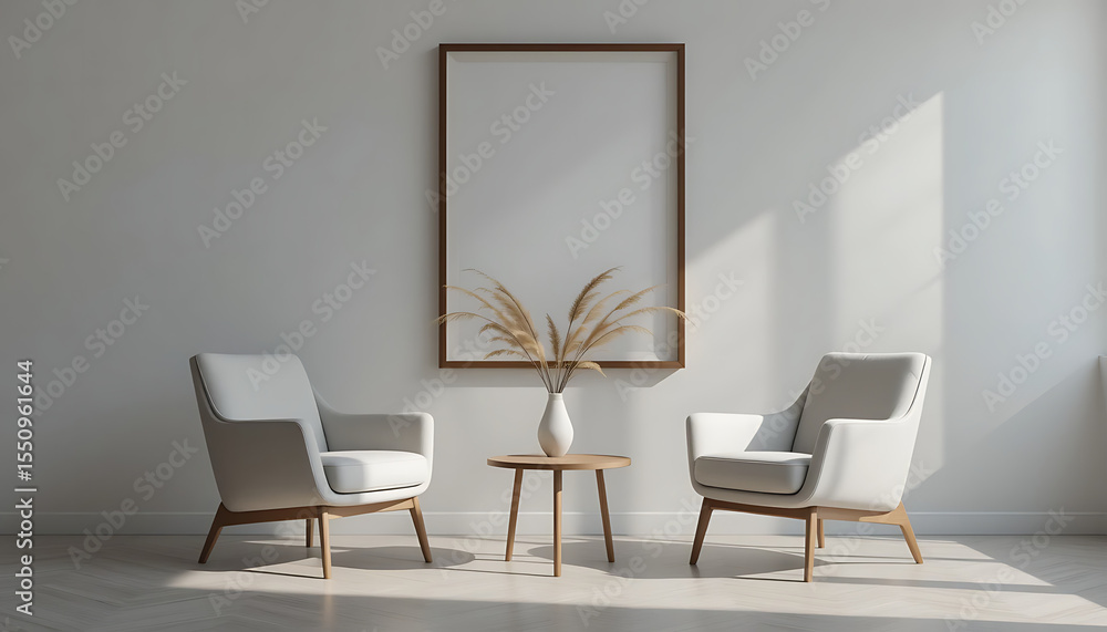 Fototapeta premium Modern Living Room with Neutral Tones, Sunlight, and Pampas Grass Decor