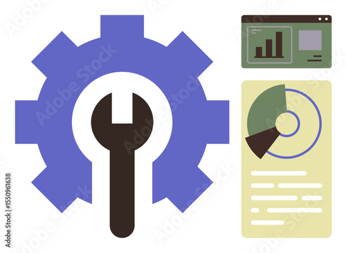 Gear and wrench signifying system maintenance, accompanied by bar chart and pie chart for analytics. Ideal for management, efficiency, data, maintenance, productivity, progress technology. Simple