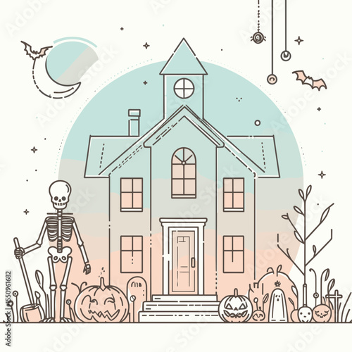 Skeleton in a haunted house Halloween. Ghost Spooky Scary Halloween Cartoon Clipart Line Art Vector Illustration. home fright night with bony figure for the yearly fall holiday.