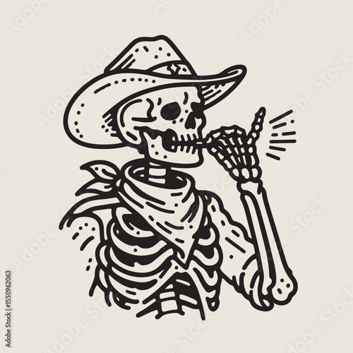 Skeleton as cowboy Whistling. Ghost Spooky Scary Halloween Cartoon Clipart Line Art Vector Illustration. Bony fellow rancher melodic air sound effect old west icon.