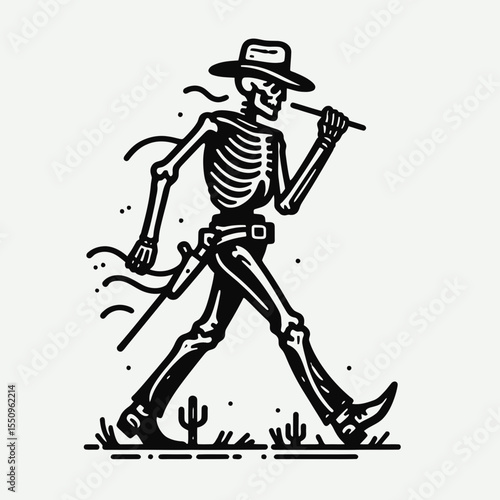 Skeleton as cowboy Walking with a swagger. Ghost Spooky Scary Halloween Cartoon Clipart Line Art Vector Illustration. Bony stroll pride bone structure model do western strut.