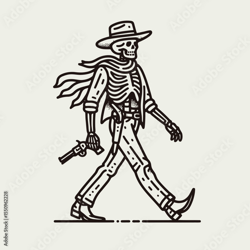 Skeleton as cowboy Walking with a swagger. Ghost Spooky Scary Halloween Cartoon Clipart Line Art Vector Illustration. Bony gunslinger sauntering bone hero great confidence.