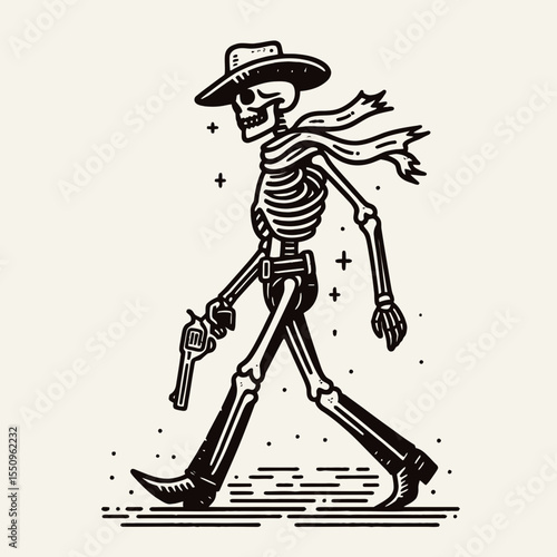 Skeleton as cowboy Walking with a swagger. Ghost Spooky Scary Halloween Cartoon Clipart Line Art Vector Illustration. Bony gunslinger strolling confident gait western figure no skin.