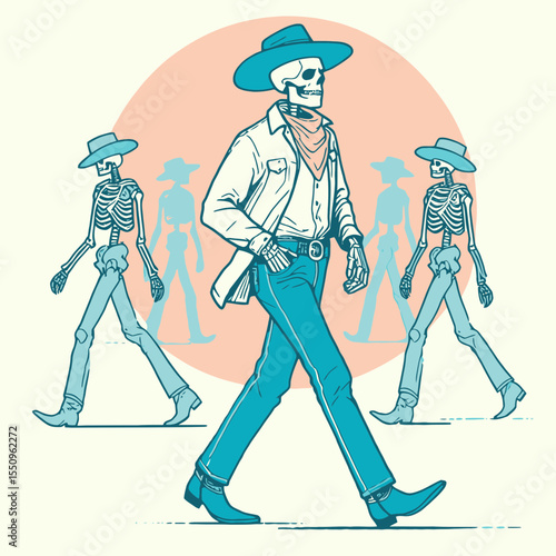 Skeleton as cowboy Walking with a swagger. Ghost Spooky Scary Halloween Cartoon Clipart Line Art Vector Illustration. Bony gunslinger striding onward bold gait western figure concept.