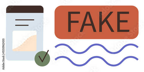 Product package beside FAKE label, checkmark signifies validation while decorative waves enhance focus. Ideal for fraud prevention, product verification, online trust, counterfeit alerts, brand
