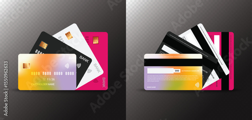Realistic Credit and Debit Card Set – Multi-Colored Plastic Bank Cards Fanned Out, Front and Back View Vector Illustration