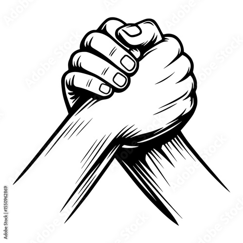 Two hands locked in a powerful arm wrestle line art illustration
