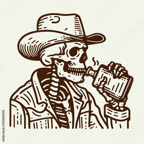 Skeleton as cowboy Taking a swig from flask. Ghost Spooky Scary Halloween Cartoon Clipart Line Art Vector Illustration. Bony gunslinger with canteen drinking desert west figure act.
