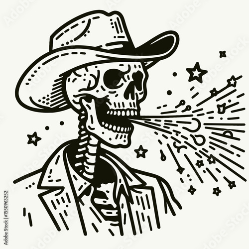 Skeleton as cowboy Spitting. Ghost Spooky Scary Halloween Cartoon Clipart Line Art Vector Illustration. Bony gunslinger ejecting from mouth western figure doing expectorate action.