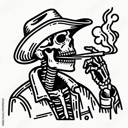 Skeleton as cowboy Spitting. Ghost Spooky Scary Halloween Cartoon Clipart Line Art Vector Illustration. Bony gunslinger expectorate skeletal rancher expelling saliva image concept.