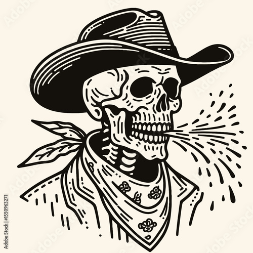 Skeleton as cowboy Spitting. Ghost Spooky Scary Halloween Cartoon Clipart Line Art Vector Illustration. Bony figure like rancher expectorating skeletal outlaw doing tobacco discharge.