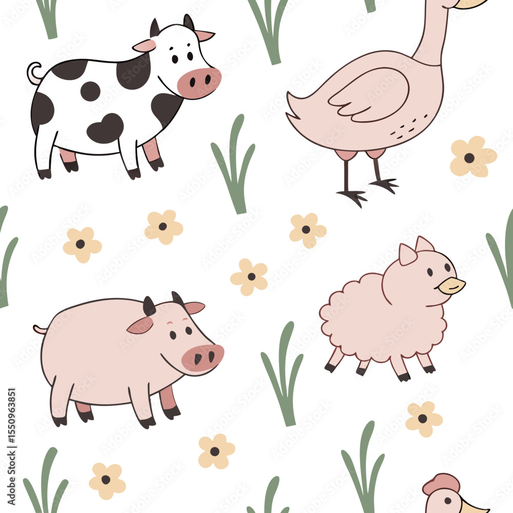 Obraz premium Seamless Farm Animal Pattern – Cute Vector Design. Seamless cartoon vector of farm animals in soft pastel tones. Perfect for baby products, packaging and wallpapers.