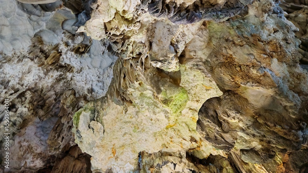 Obraz premium Inside Thien Cung Cave, Ha Long bay, Vietnam, showcasing dramatic stalactites and rugged limestone formations illuminated by soft lighting.