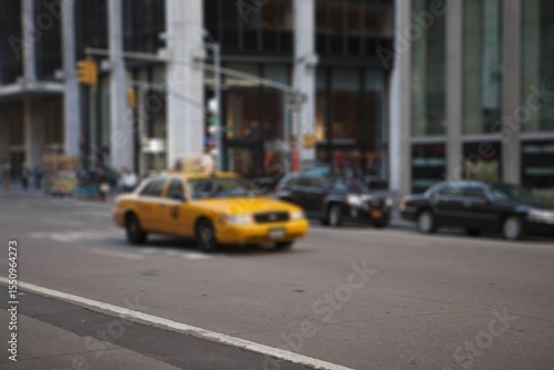 Yellow taxi cab is navigating busy urban street in flat design with black sedans, traffic lights