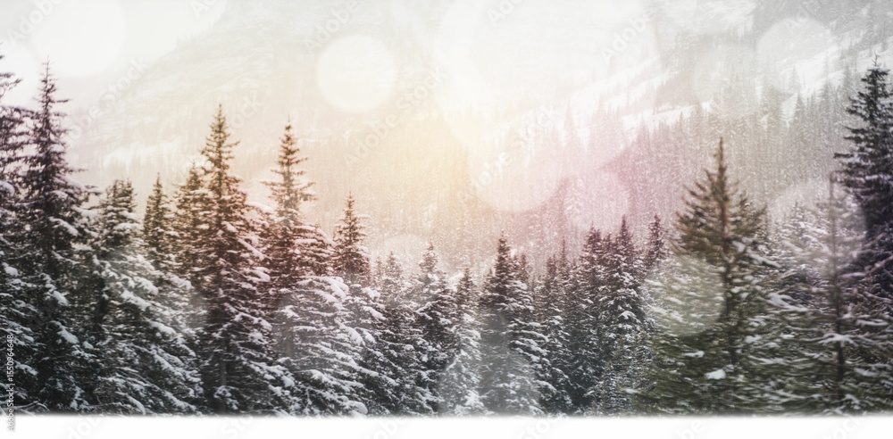 Obraz premium Defocused lights against snow covered trees and mountain