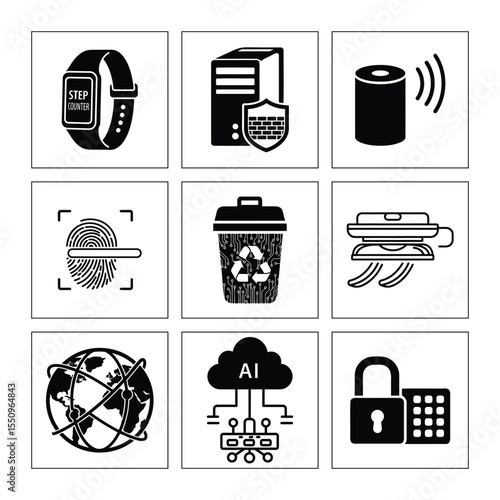 Technology And Security Icons Representing Modern Advancements In A Clean Black And White Style
