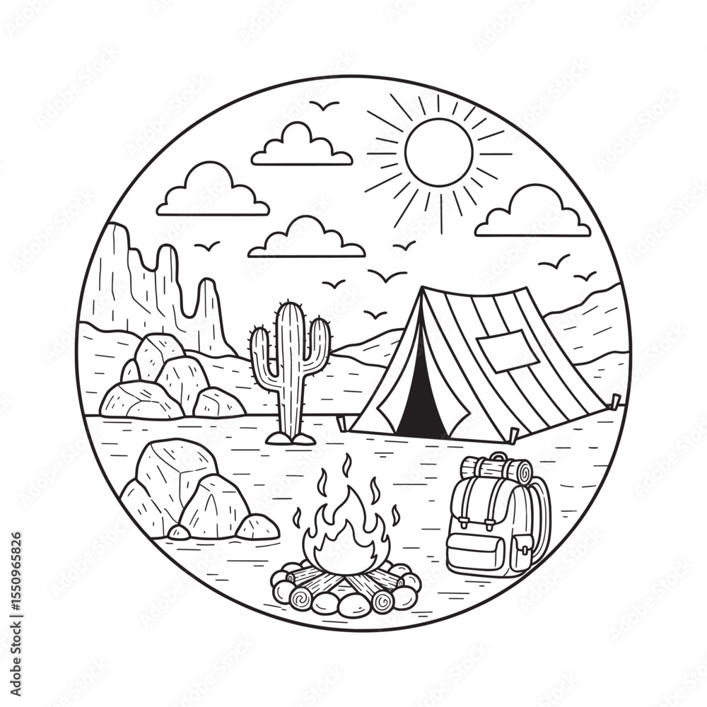 Fototapeta premium Desert Backpacking Campsite Lineart Illustration