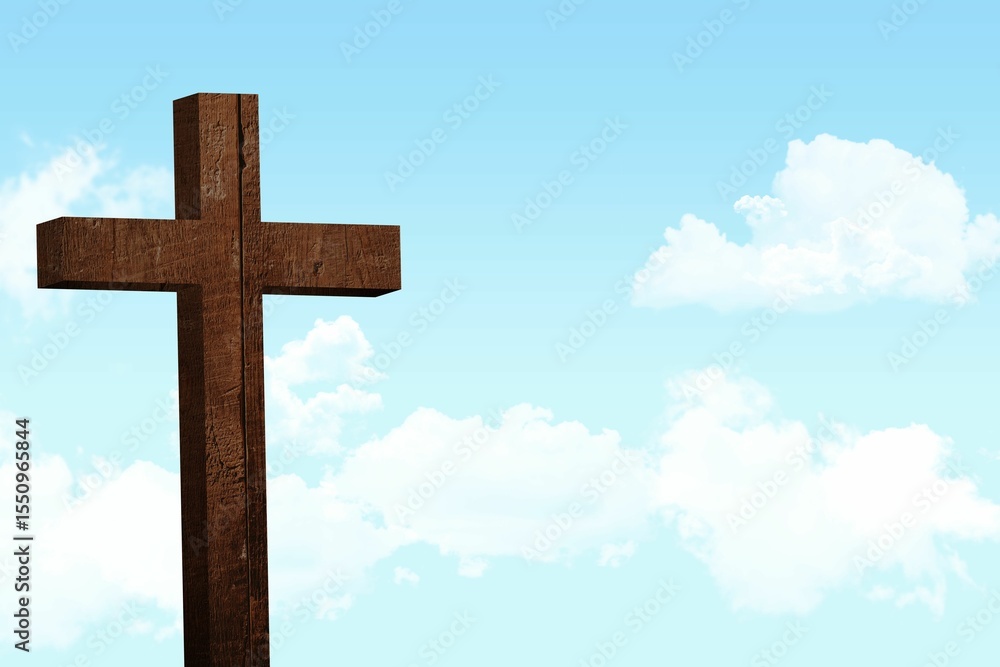 Wooden cross is standing against blue sky with clouds in flat design, featuring rough texture Wooden cross is standing against blue sky with clouds in flat design, featuring rough texture