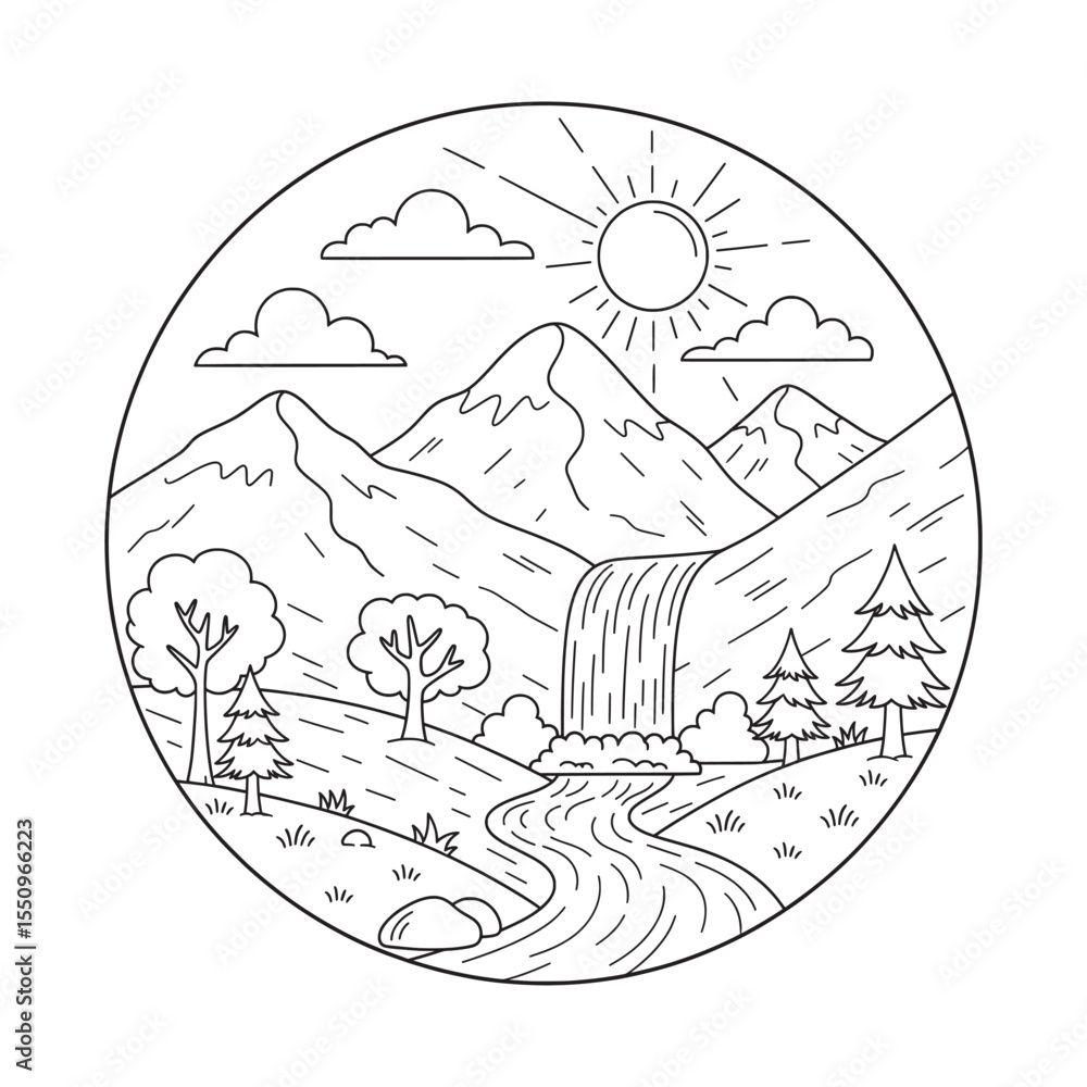 Fototapeta premium Mountain Waterfall Landscape Lineart Illustration