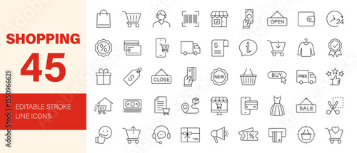 Shopping icon set. Containing e-commerce, costumer, store, purchase, online shopping, promotion, shopping cart, gifts, price and more. Editable line icons. Vector illustration.