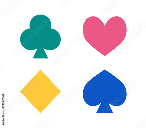 Colorful Playing Card Suit Icons. Bright Vector Symbols in Green, Pink, Blue, and Yellow for Games and Fun Designs