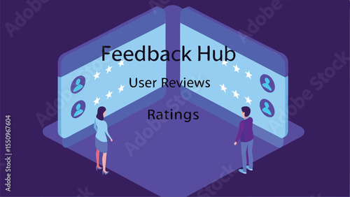 Modern isometric feedback hub with users rating virtual profiles in digital environment