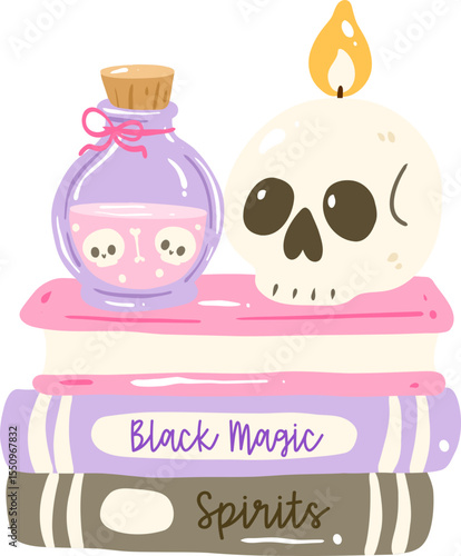 Kawaii Potion and Skull on Spellbooks Illustration, Cute Halloween Clipart with Black Magic and Spirits Books

