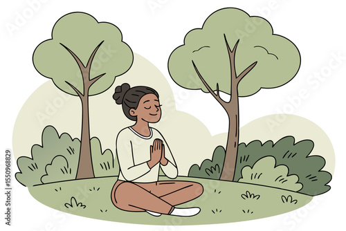Happy serene young Hispanic woman meditating doing yoga breathing exercises feeling mental mind balance sitting in lotus pose hands in namaste in peaceful green nature park outdoors
