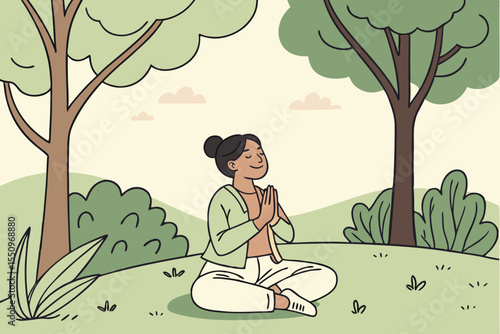 Happy serene young Hispanic woman meditating doing yoga breathing exercises feeling mental mind balance sitting in lotus pose hands in namaste in peaceful green nature park outdoors