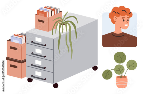 Filing cabinet with stacked documents, potted plants, and a portrait of a smiling person. Ideal for organization, office setup, productivity, personal workspace, creative storage, interior decor