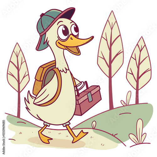 Comical Duck with Hat – Whimsical Vector Cartoon | Cute and Funny Duckling – Farm Animal Vector Illustration | Laughing Duck Vector – Kids Friendly Bird Character