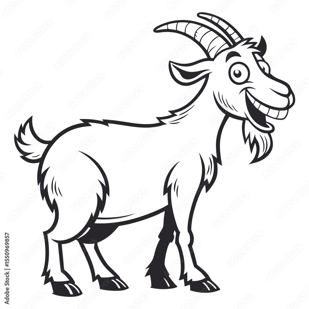 Fototapeta premium Happy Cartoon Goat – Hand Drawn Vector Clipart | Silly Goat Vector – Whimsical Horned Animal Art | Funny Goat Face – Adorable Mountain Animal Cartoon