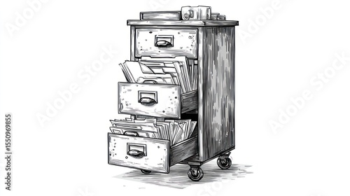 Vintage file cabinet with open drawers.  Sketchy style