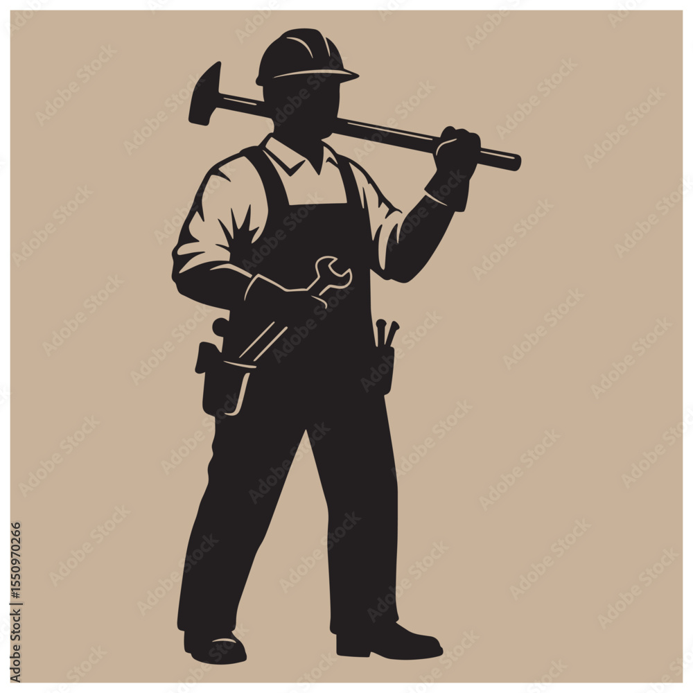 Silhouette illustration of a construction worker carrying tools representing labor and expertise Silhouette illustration of a construction worker carrying tools representing labor and expertise