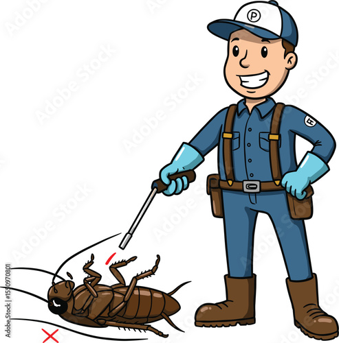Smiling Cartoon Pest Control Worker Eliminating a Cockroach with a Sprayer, Wearing Protective Gear, Representing Effective Extermination Services for Homes and Businesses.