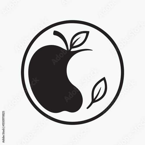 A yin-yang symbol where one half is a stylized apple and the other is empty space, with the two leaf outlines acting as the dots. Black vector art on a white background.