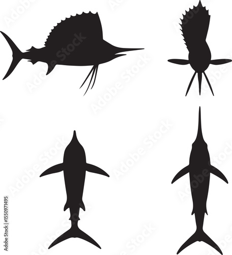 Sailfish silhouette of icons set side, front, back, and top views vector art illustration