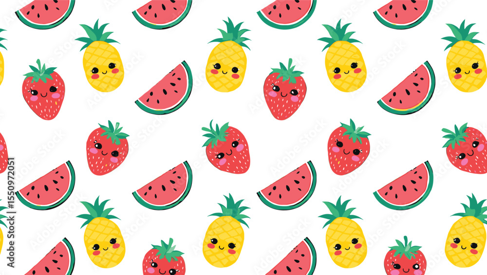 Obraz premium Cute Summer Fruits Pattern Watermelon, Pineapple, Strawberry Kawaii Design