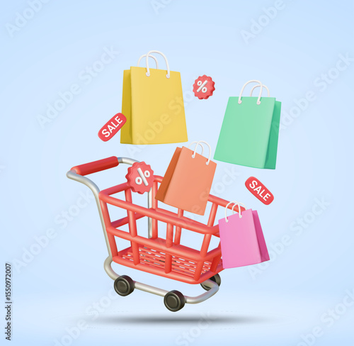3D vector illustration rendering of shopping cart full of colorful shopping bags with SALE sign and discount percentage sign, conveying the concept of promotion and special discount event.
