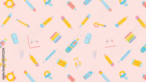 Cute Pastel Stationery Seamless Pattern Pencils, Erasers, and More! Perfect for Back-to-School Designs, Planners, and Digital Papers